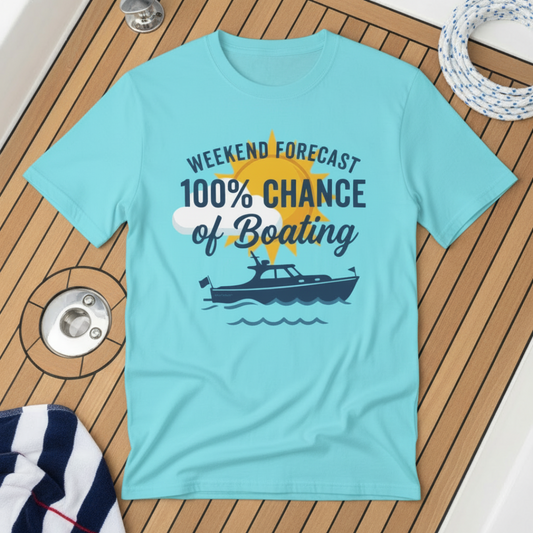Light blue t-shirt with 'Weekend Forecast 100% Chance of Boating' design on a wooden deck background.
