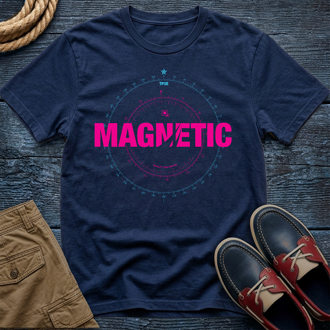 Magnetic T-Shirt A Few Degrees Off True in True Navy — compass rose nautical tee on Comfort Colors 1717