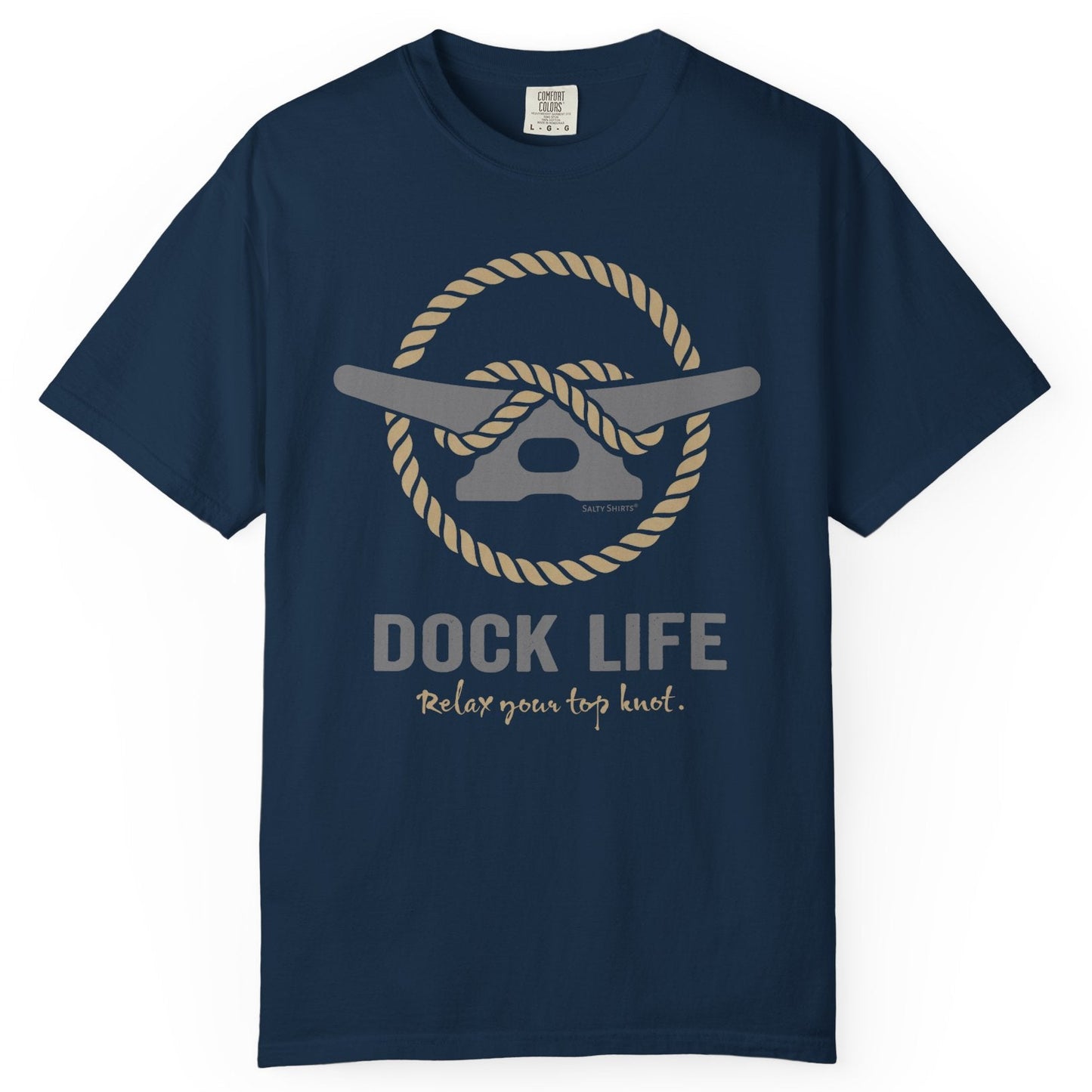 Navy blue t-shirt with 'Dock Life' graphic and text on a white background