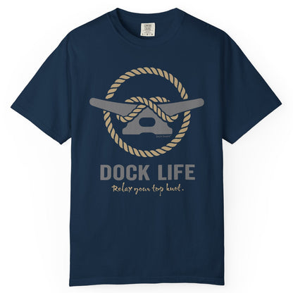 Navy blue t-shirt with 'Dock Life' graphic and text on a white background