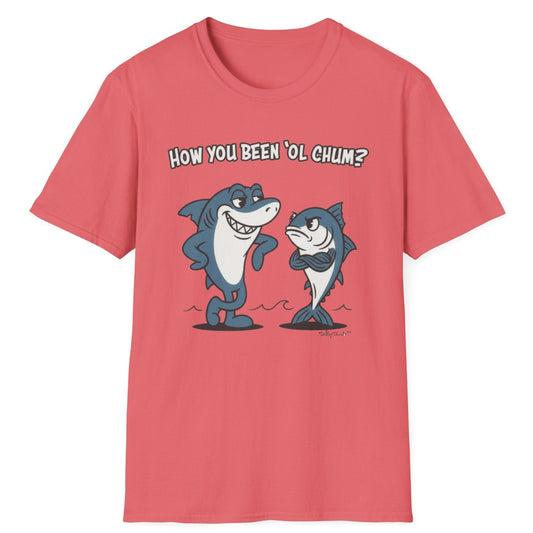 Red t-shirt with cartoon shark and tuna and text on a white background