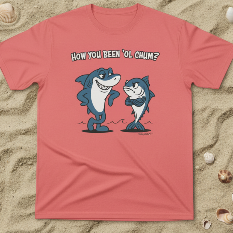 Coral_Silk t-shirt with cartoon sharkand tuna and text on a sandy background