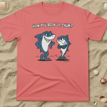 Coral_Silk t-shirt with cartoon sharkand tuna and text on a sandy background