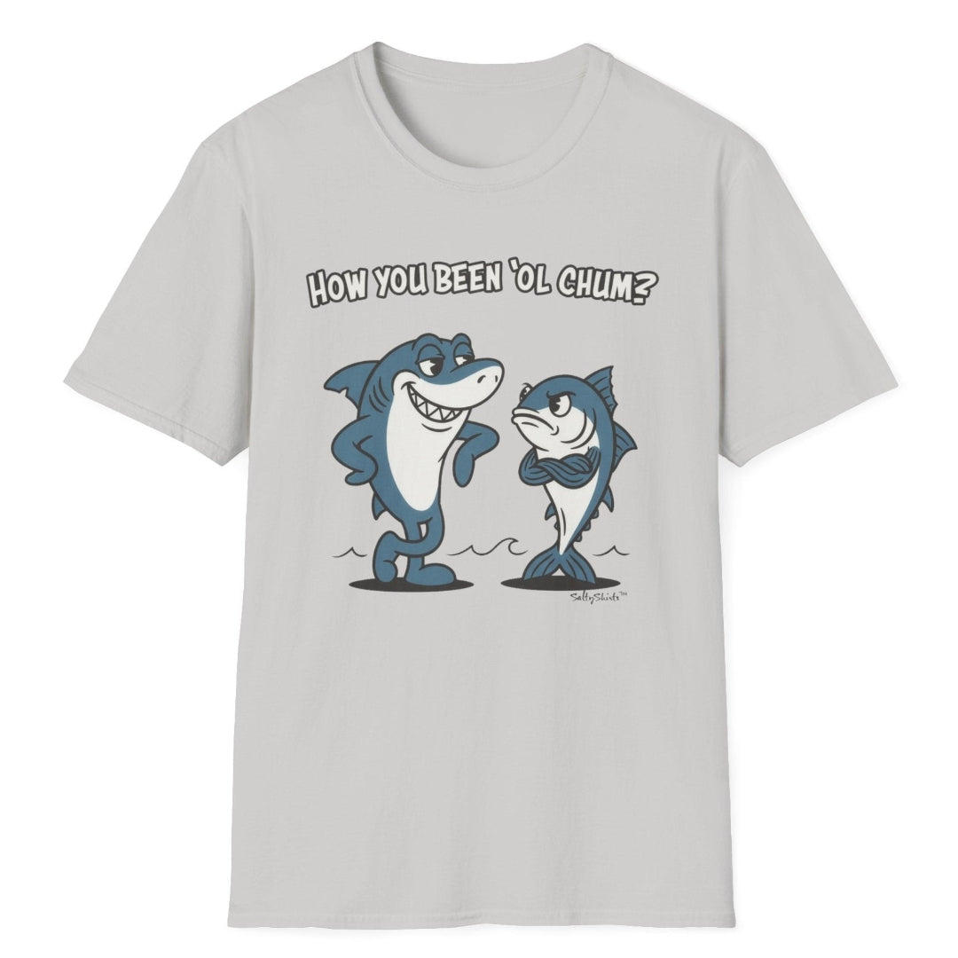 Gray t-shirt with cartoon shark and tuna and text on a white background