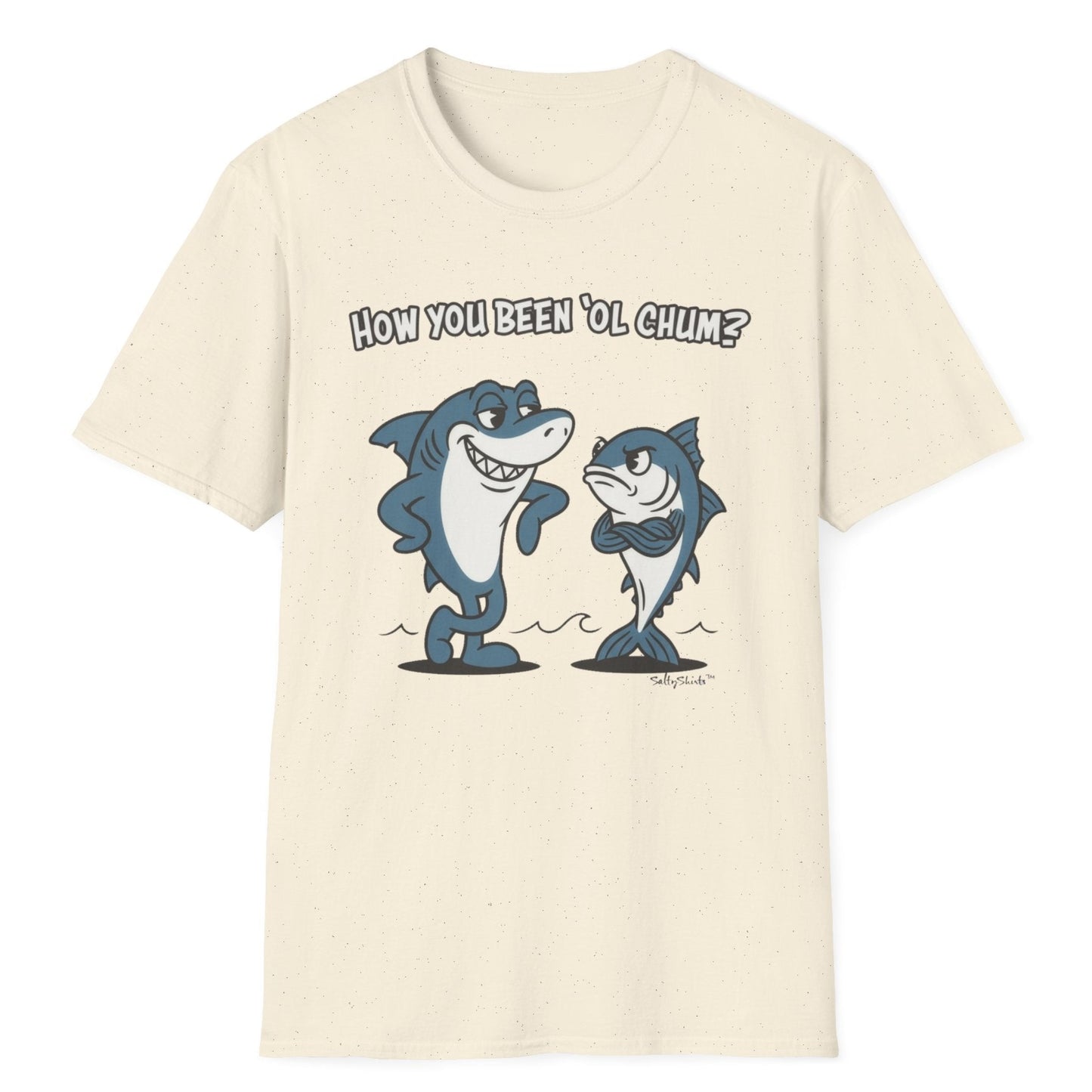 Beige t-shirt with cartoon shark and tuna and text on a white background
