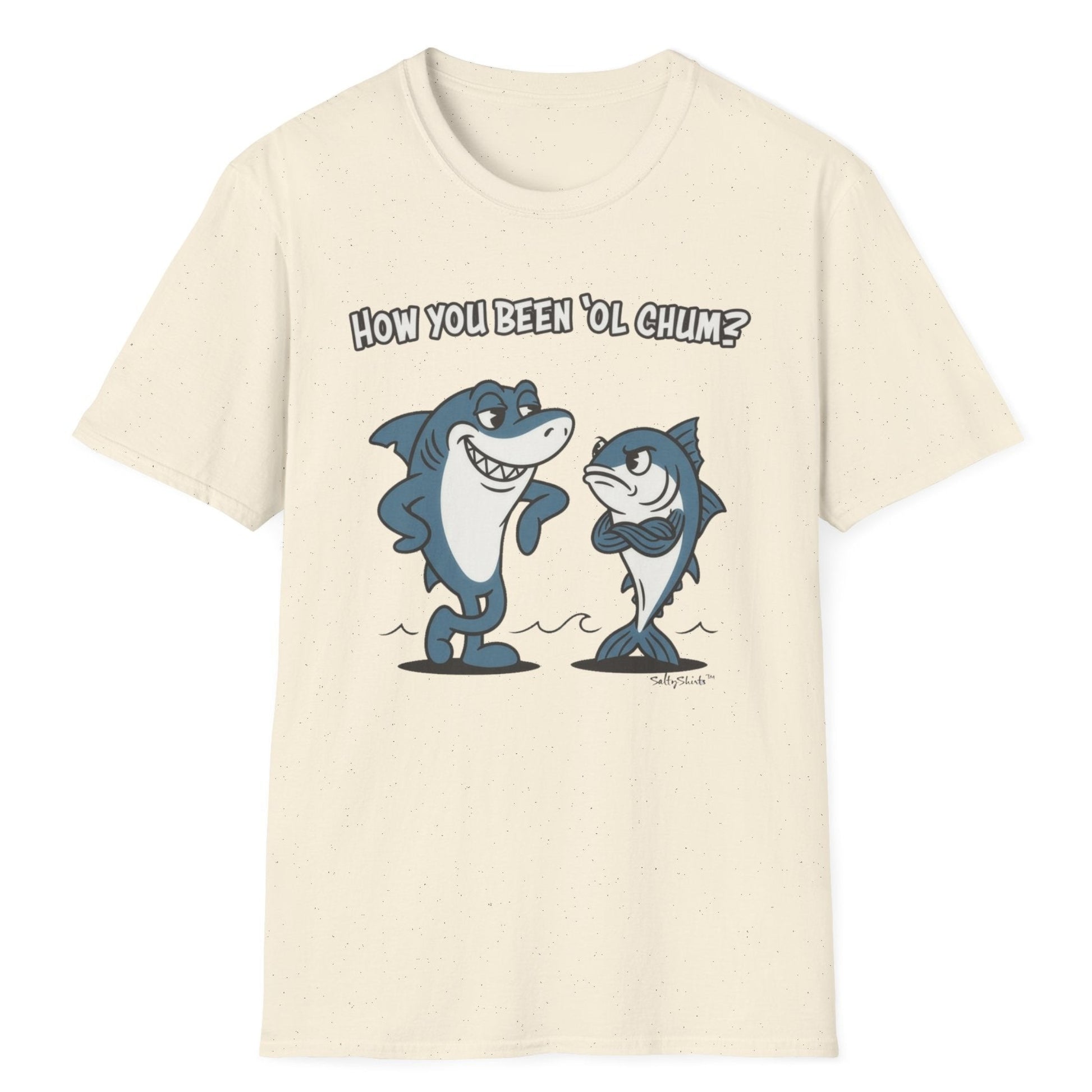 Beige t-shirt with cartoon shark and tuna and text on a white background