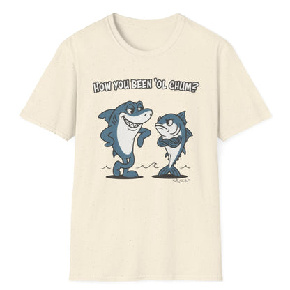 Beige t-shirt with cartoon shark and tuna and text on a white background