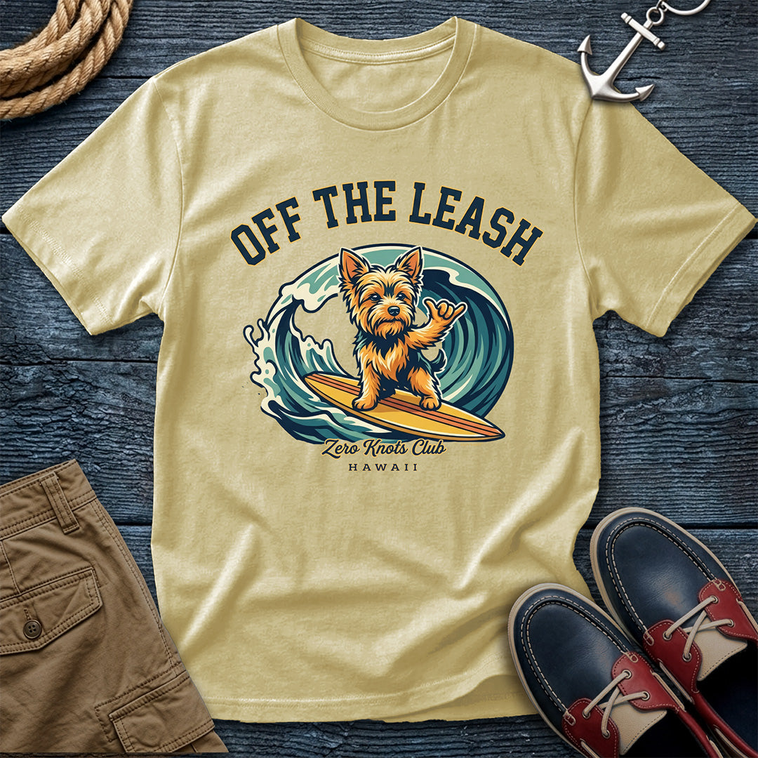 Off the Leash Surf Doggie Tee in Banana – Zero Knots Club graphic t-shirt by Salty Shirts