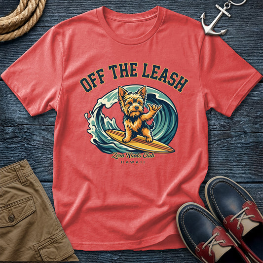 Off the Leash Surf Doggie Tee in Bright Salmon – Zero Knots Club graphic t-shirt by Salty Shirts