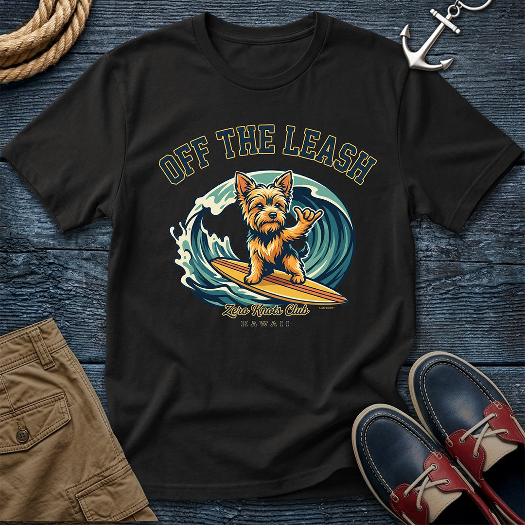 Off the Leash Surf Doggie Tee in Black – Zero Knots Club graphic t-shirt by Salty Shirts
