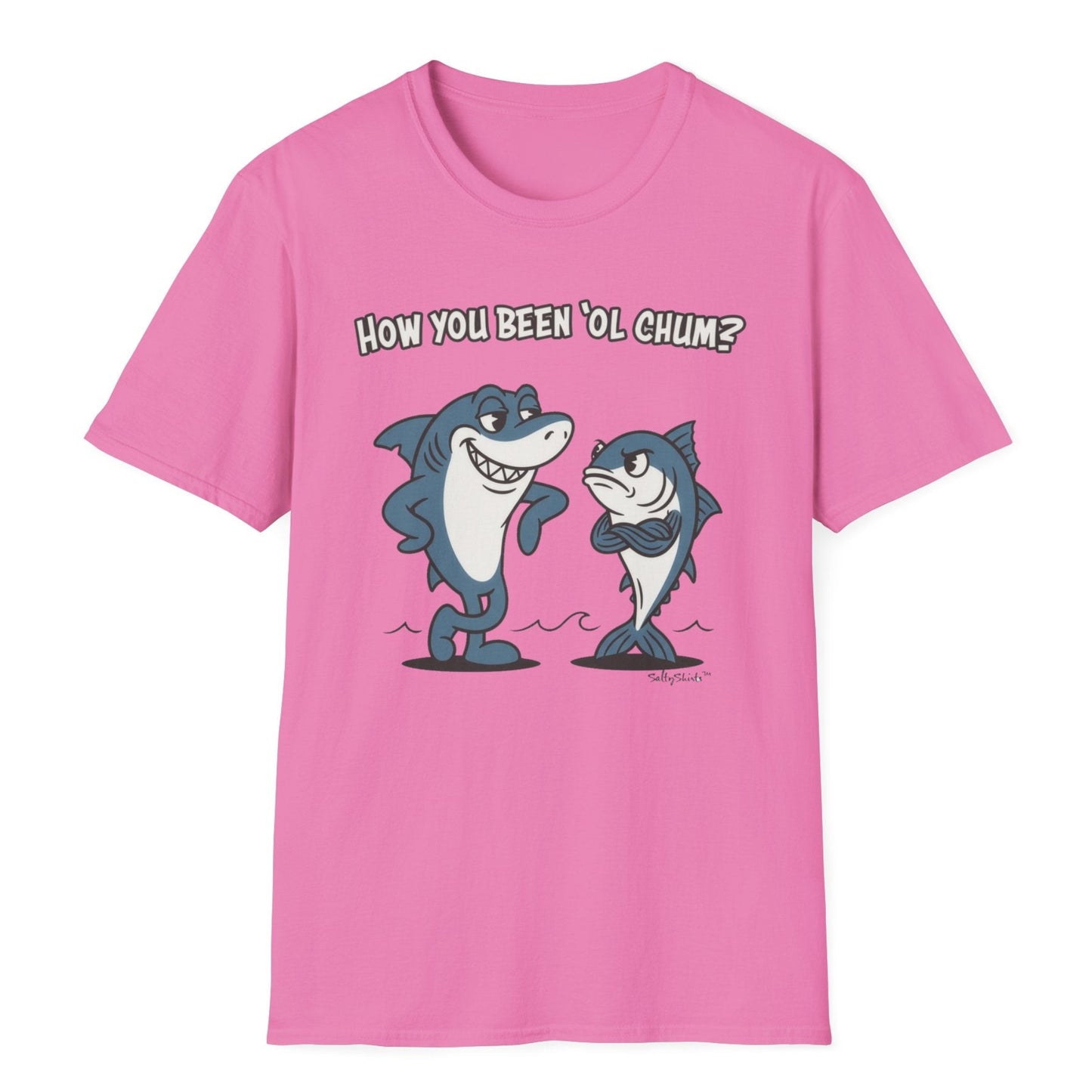 Pink t-shirt with cartoon shark and Tuna text on a white background