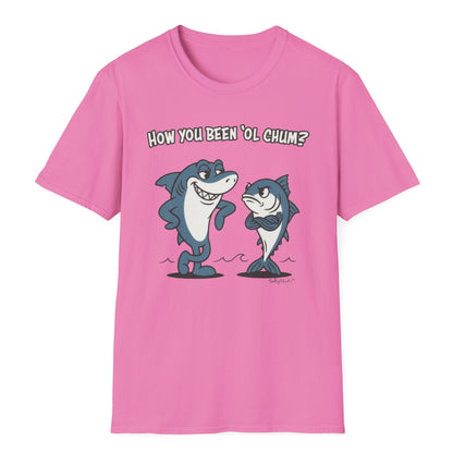 Pink t-shirt with cartoon shark and Tuna text on a white background