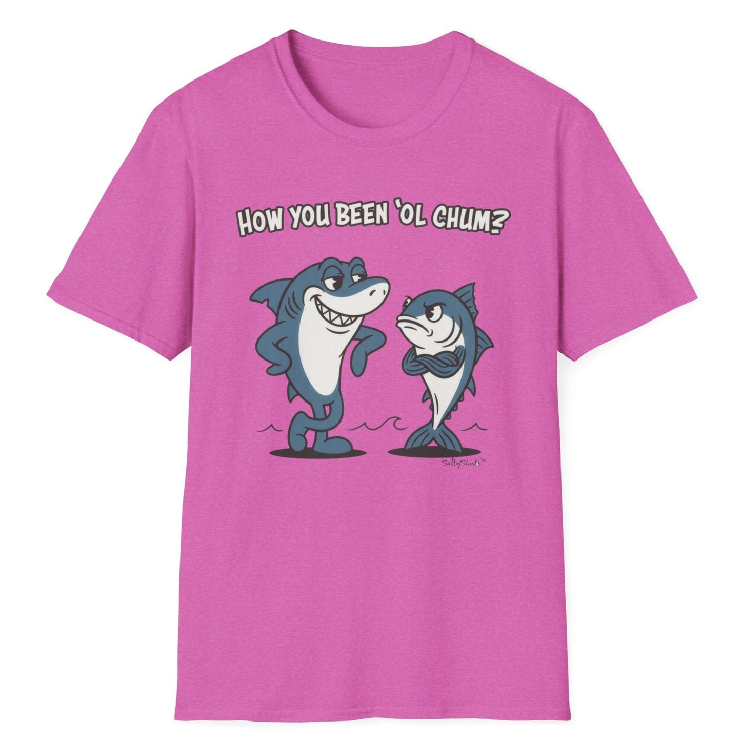 Berry t-shirt with cartoon shark tuna and text on a white background
