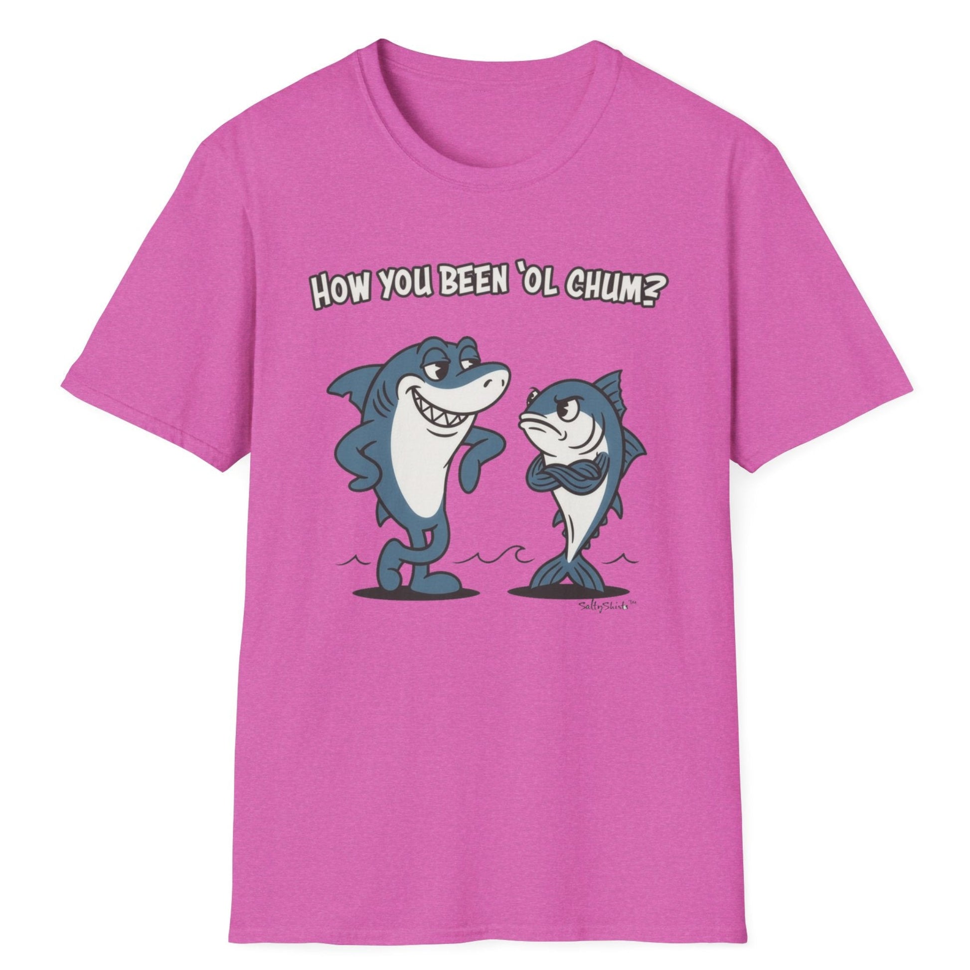 Berry t-shirt with cartoon shark tuna and text on a white background