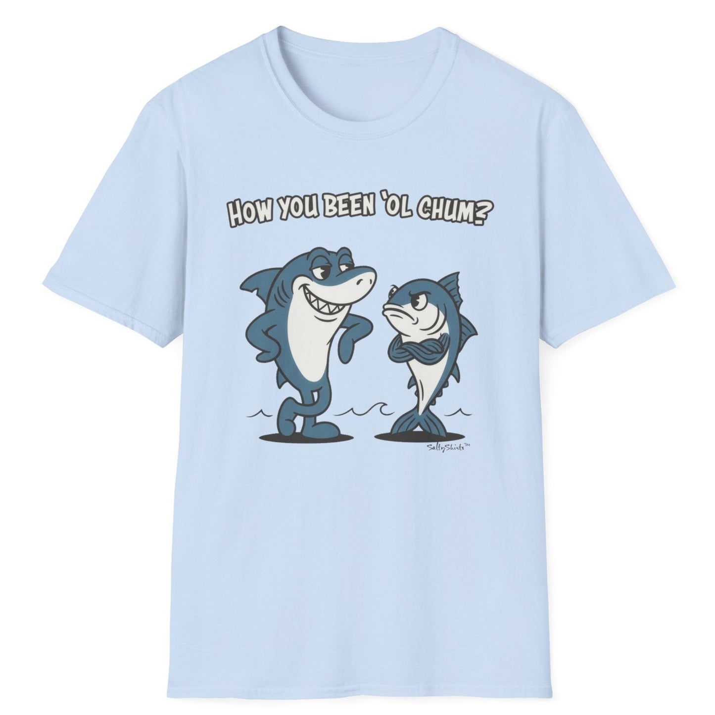 Light blue t-shirt with cartoon shark and  tuna + text on a white background