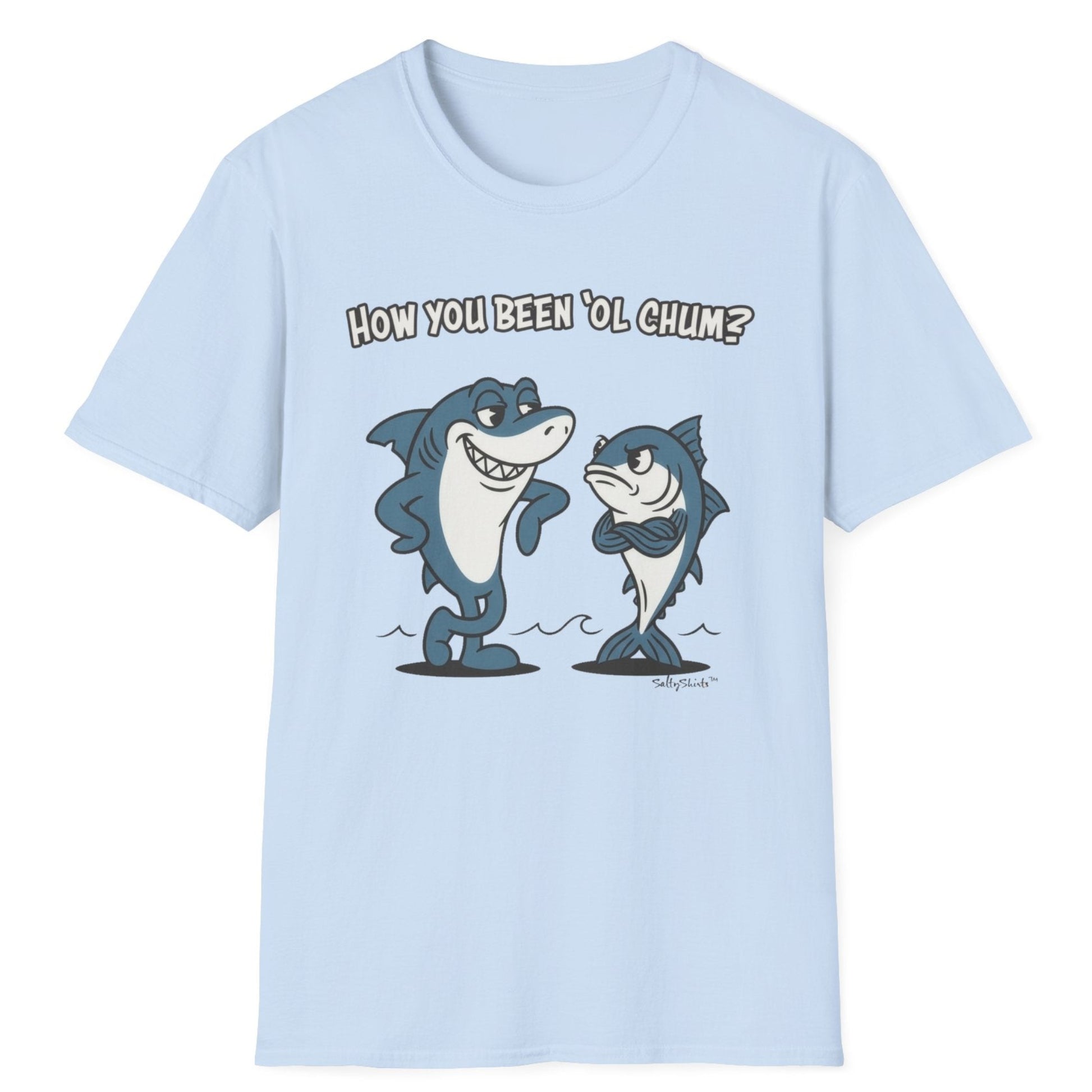 Light blue t-shirt with cartoon shark and  tuna + text on a white background