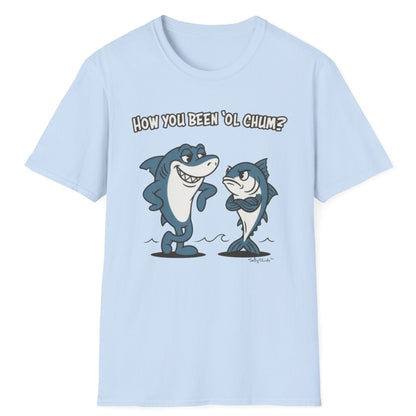 Light blue t-shirt with cartoon shark and  tuna + text on a white background