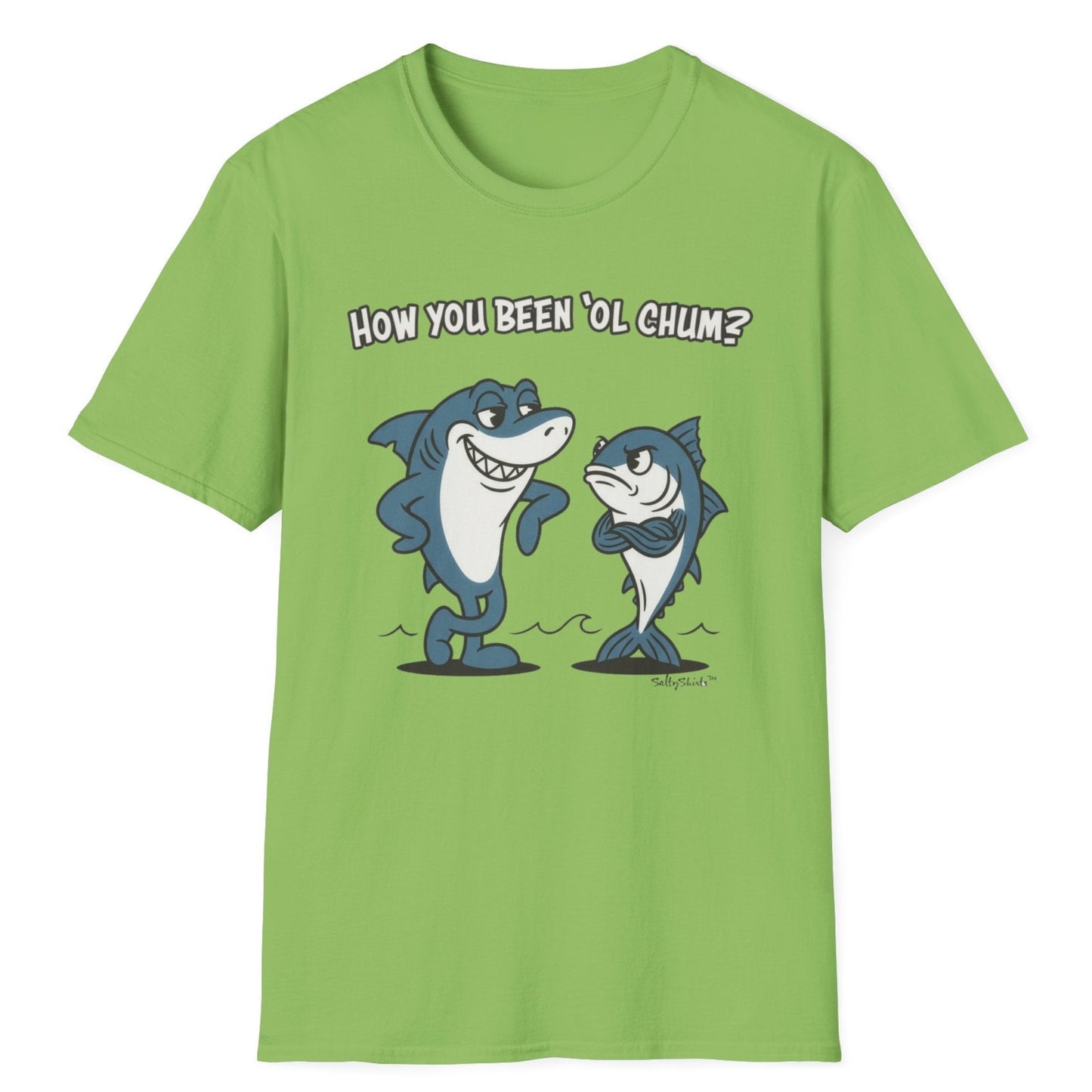 Lime Green t-shirt with cartoon sharks and text on a white background