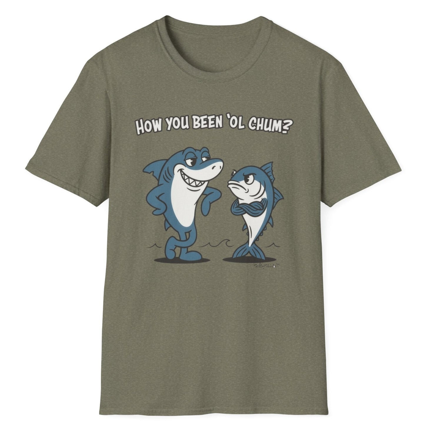 'Ol Chum t-shirt with cartoon shark and tuna and text on a white background