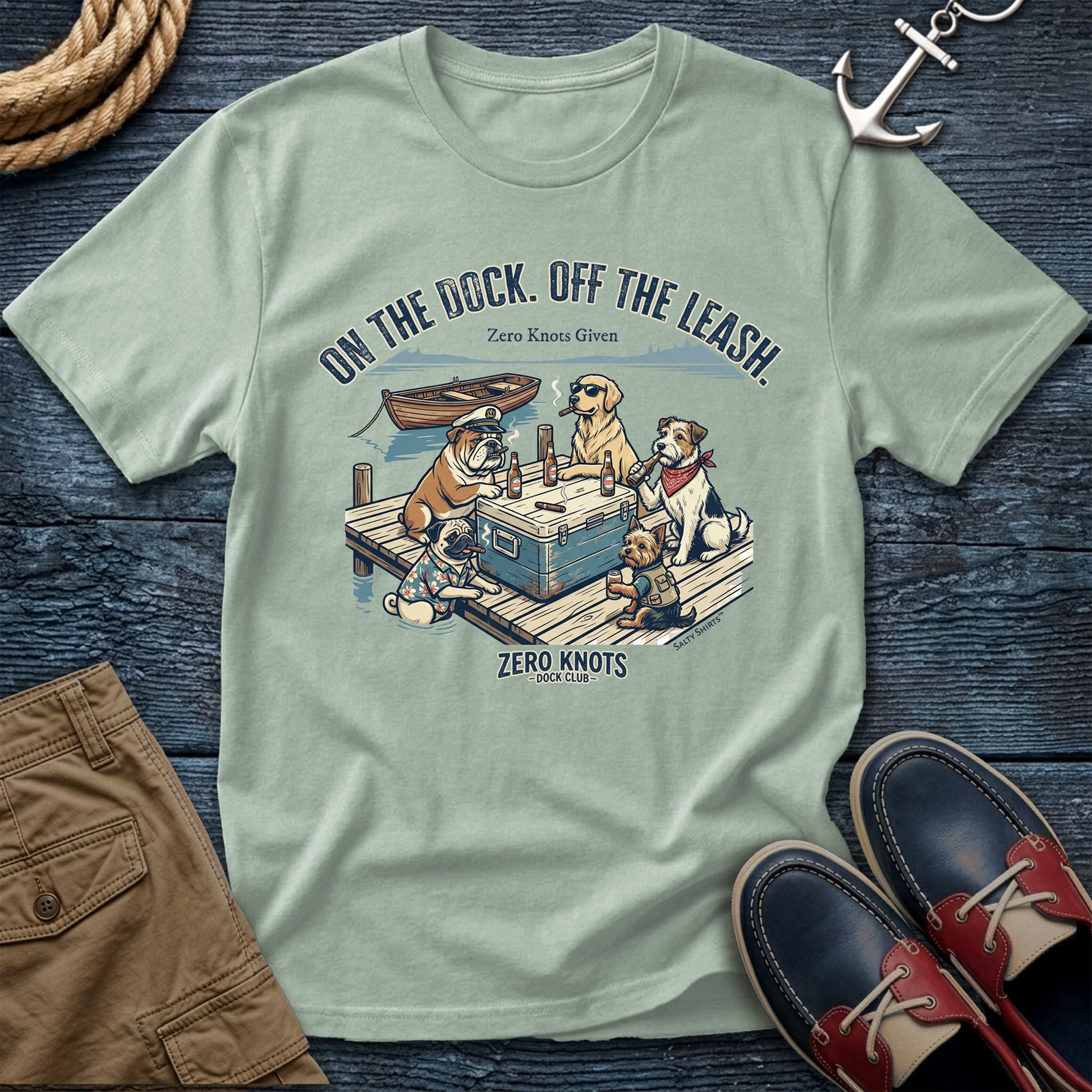 On the Dock. Off the Leash. T-Shirt in Bay — dock life dog tee on Comfort Colors 1717