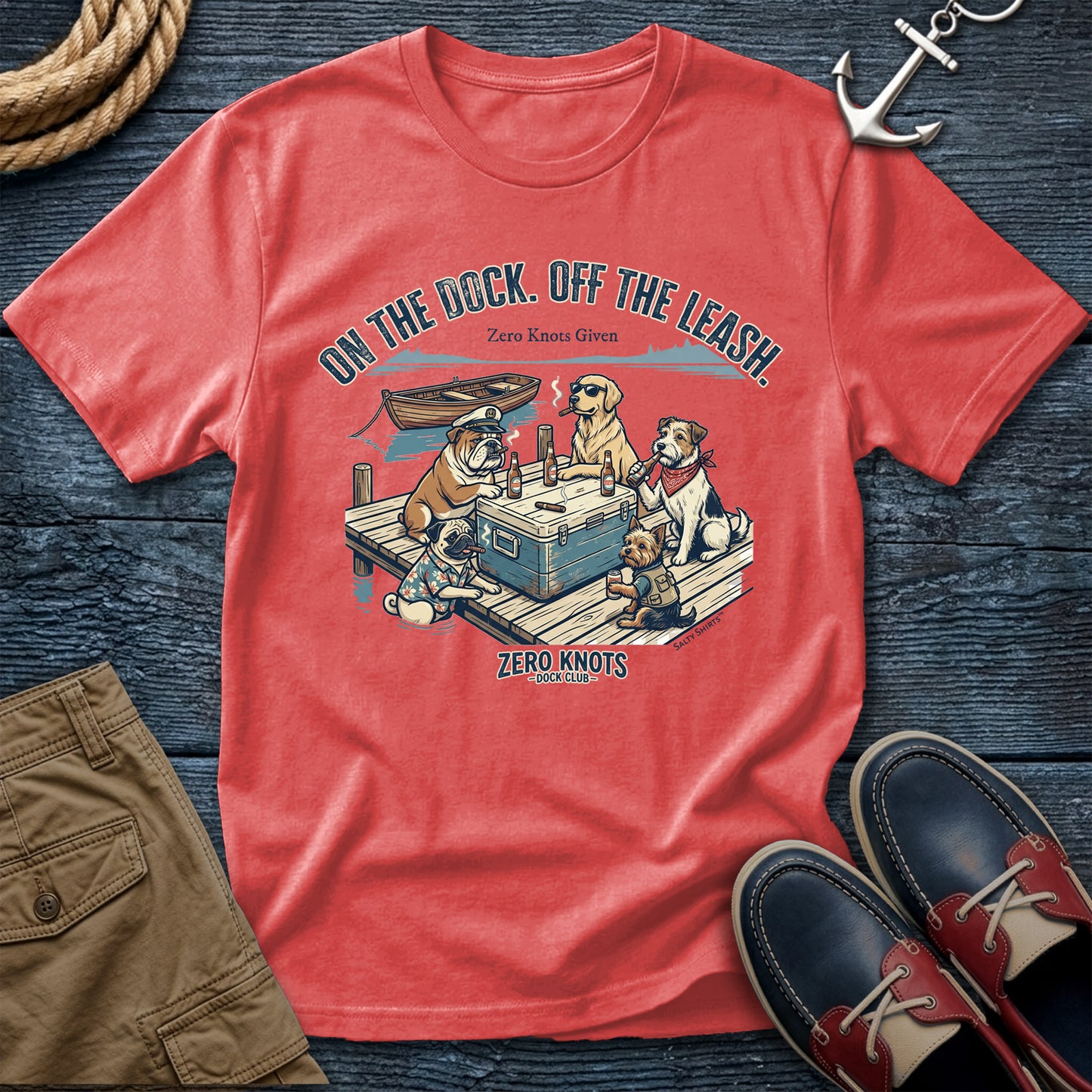 On the Dock. Off the Leash. T-Shirt in Bright Salmon— dock life dog tee on Comfort Colors 1717