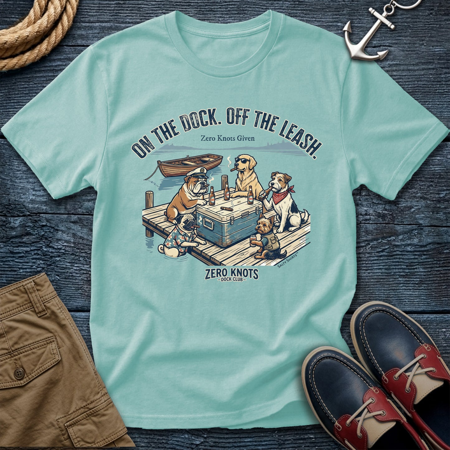 On the Dock. Off the Leash. T-Shirt in Chalky Mint— dock life dog tee on Comfort Colors 1717