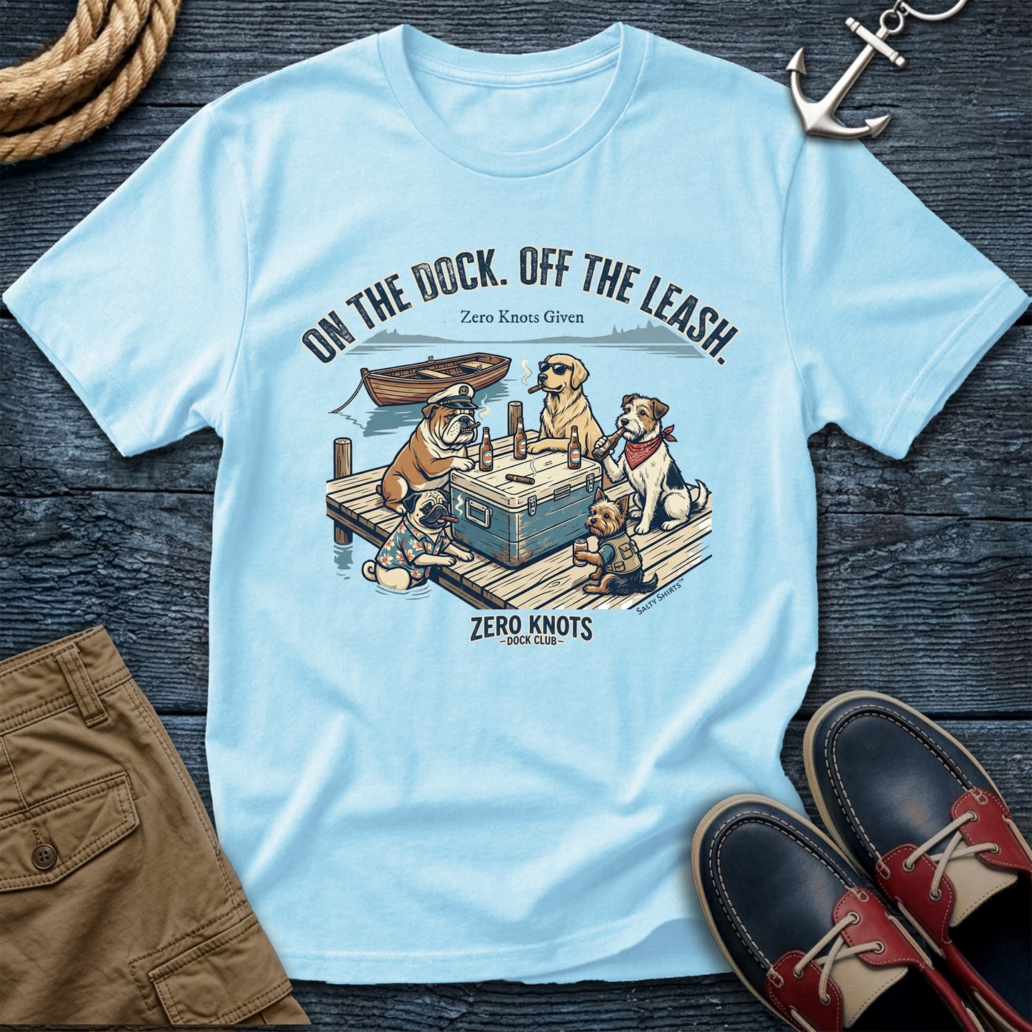 On the Dock. Off the Leash. T-Shirt in Chambray— dock life dog tee on Comfort Colors 1717