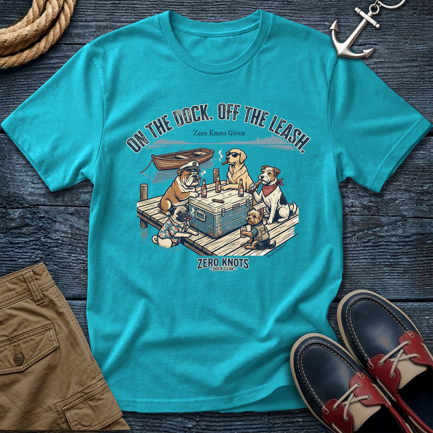 On the Dock. Off the Leash. T-Shirt in Lagoon Blue— dock life dog tee on Comfort Colors 1717