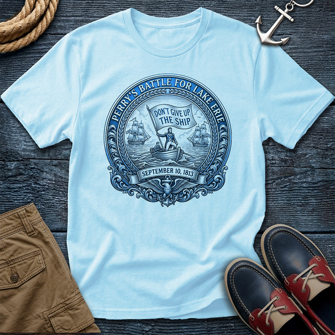Don't Give Up The Ship Tee in Chambray — Perry's 1813 Lake Erie naval crest graphic on Comfort Colors garment-dyed cotton