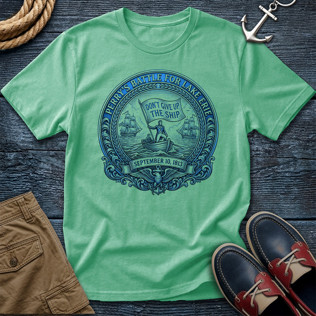 Don't Give Up The Ship Tee in Island Reef — Perry's 1813 Lake Erie naval crest graphic on Comfort Colors garment-dyed cotton