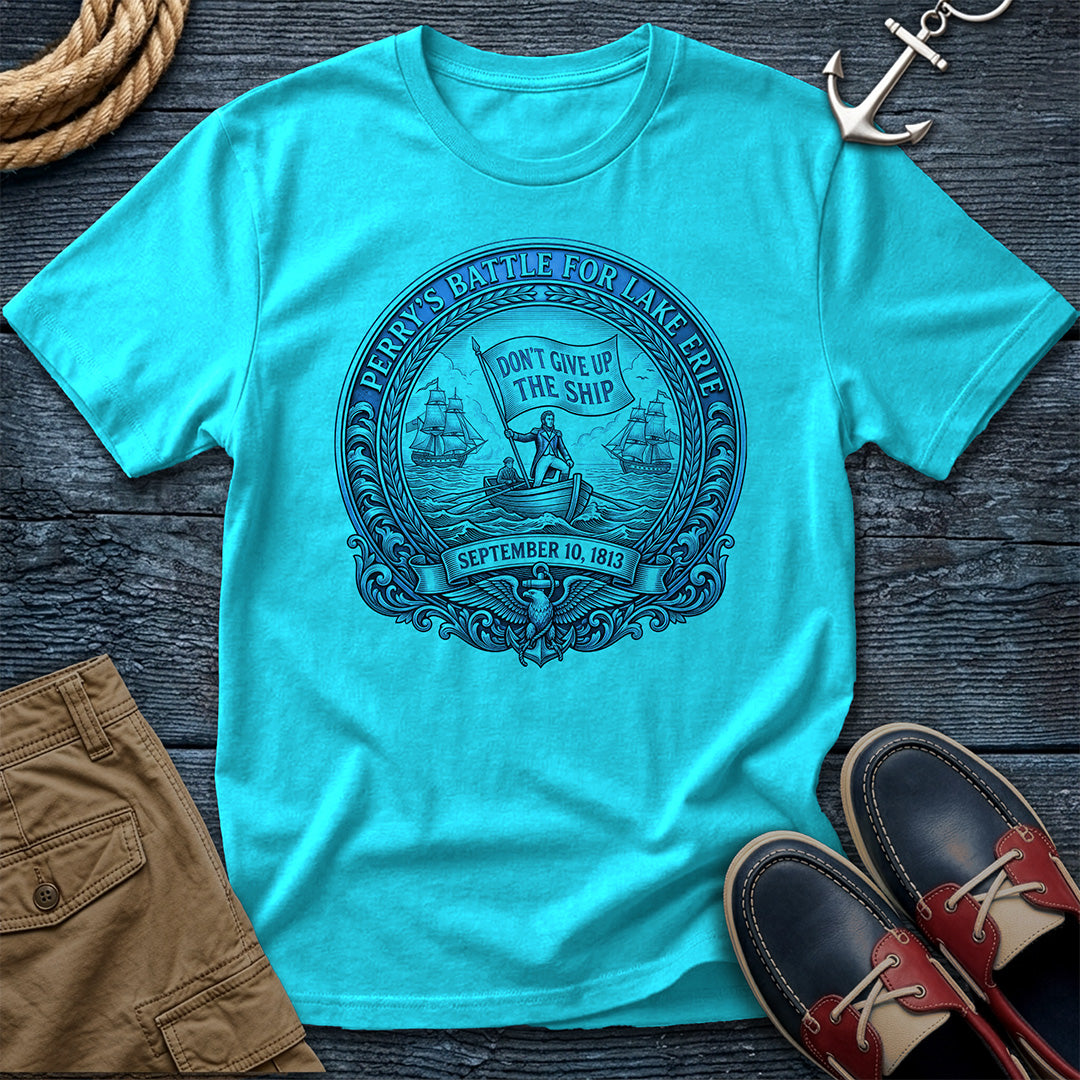 Don't Give Up The Ship Tee in Lagoon Blue — Perry's 1813 Lake Erie naval crest graphic on Comfort Colors garment-dyed cotton