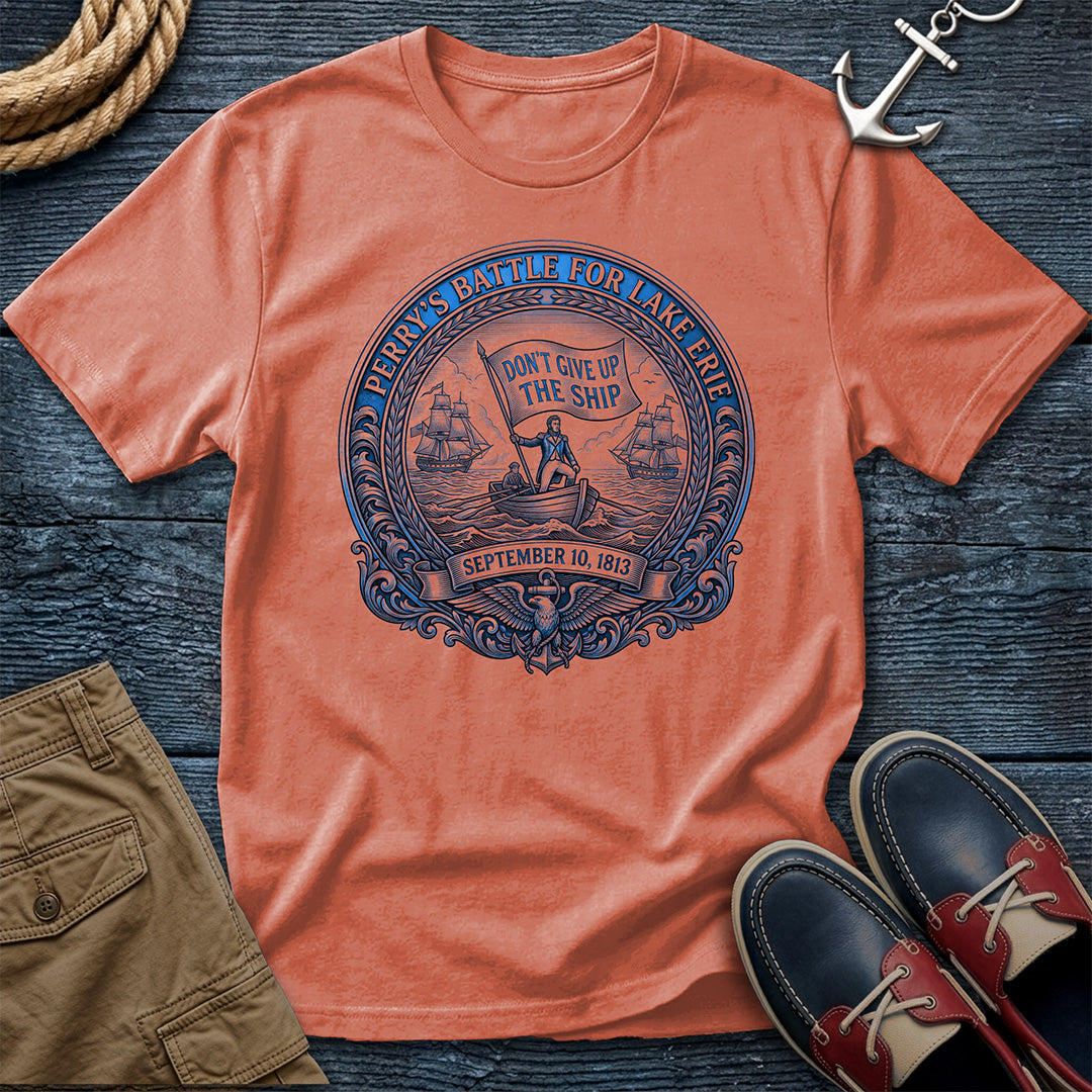 Don't Give Up The Ship Tee in Terracotta — Perry's 1813 Lake Erie naval crest graphic on Comfort Colors garment-dyed cotton