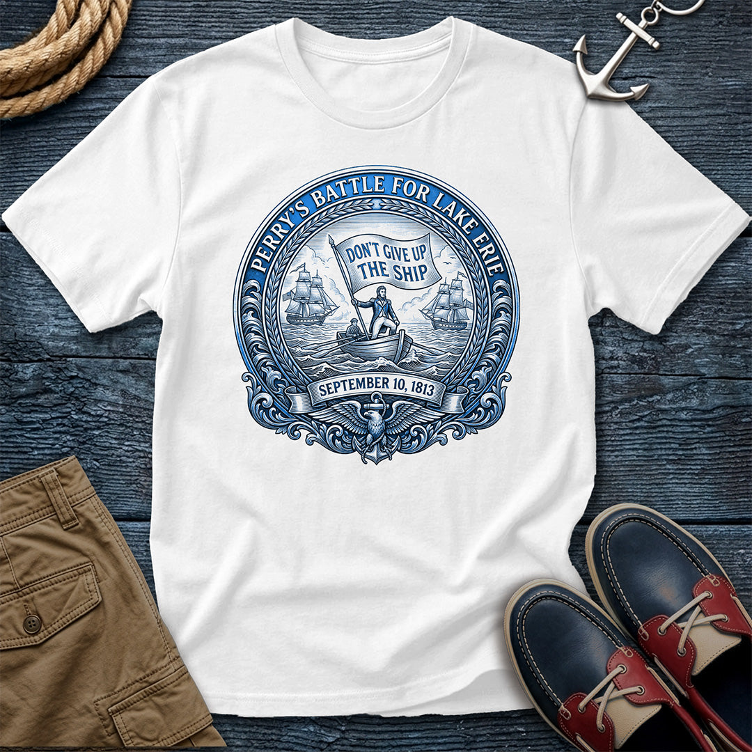 Don't Give Up The Ship Tee in White — Perry's 1813 Lake Erie naval crest graphic on Comfort Colors garment-dyed cotton