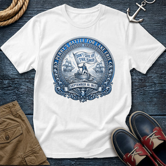 Don't Give Up The Ship Tee in White — Perry's 1813 Lake Erie naval crest graphic on Comfort Colors garment-dyed cotton
