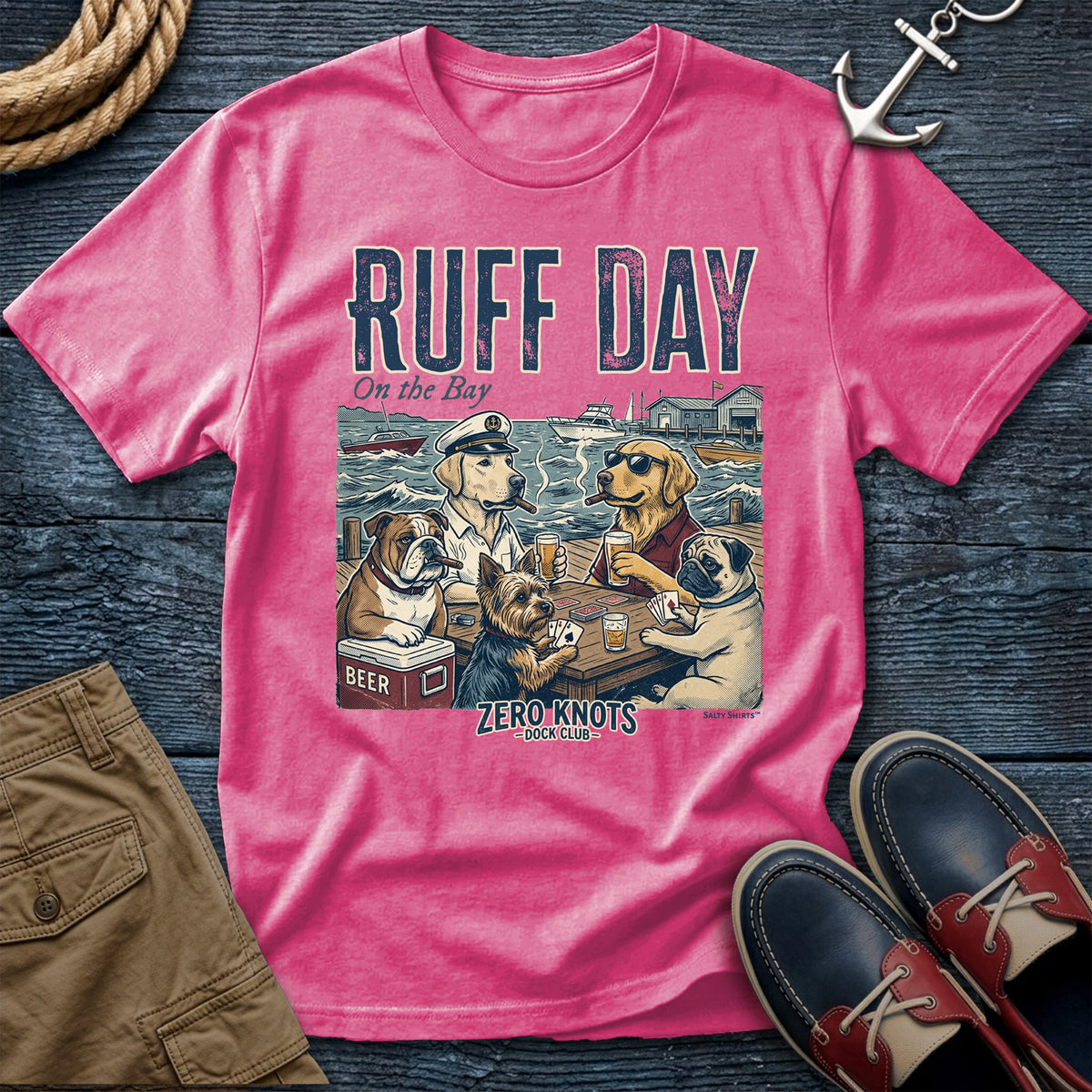 Crunch Berry t-shirt with a graphic of The dogs at a dock and 'Ruff Day on the Bay' text, Intro the Zero Knots Club.