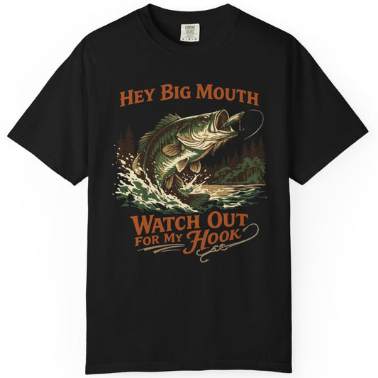 Black t-shirt with fishing graphic and text on a white background