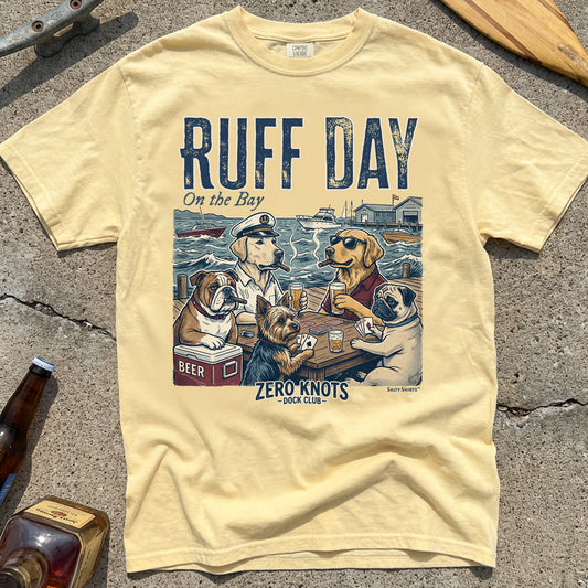 Banana t-shirt with 'Ruff Day on the Bay' graphic featuring dogs dressed like sailors on the dock