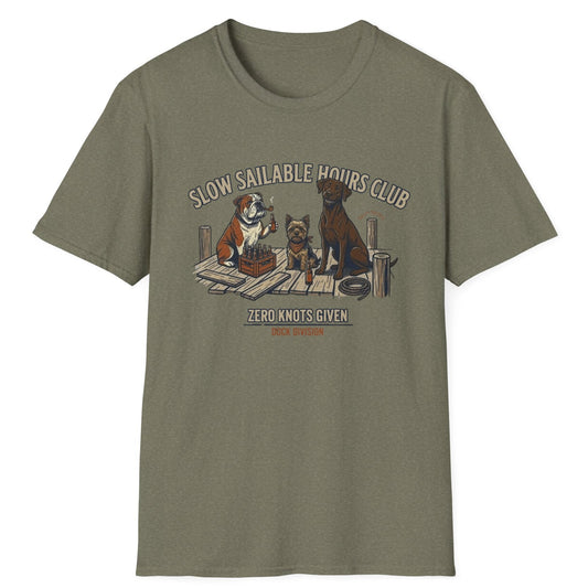 Green t-shirt with dog graphic and text on a white background