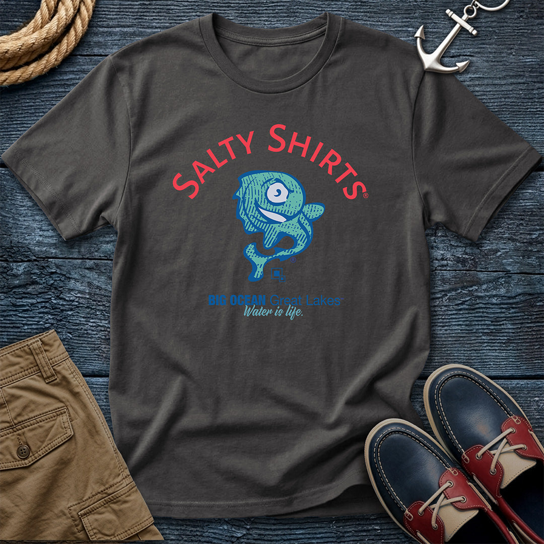 Salty Shirts Original Logo Tee in Graphite, Comfort Colors 1717, featuring a teal anchovy beneath red Salty Shirts lettering and above Big Ocean Great Lakes and Water is life text.