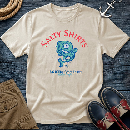 Salty Shirts Original Logo Tee in Ivory, Comfort Colors 1717, featuring a teal anchovy beneath red Salty Shirts lettering and above Big Ocean Great Lakes and Water is life text.