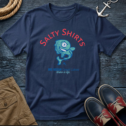 Salty Shirts Original Logo Tee in Navy, Comfort Colors 1717, featuring a teal anchovy beneath red Salty Shirts lettering and above Big Ocean Great Lakes and Water is life text.