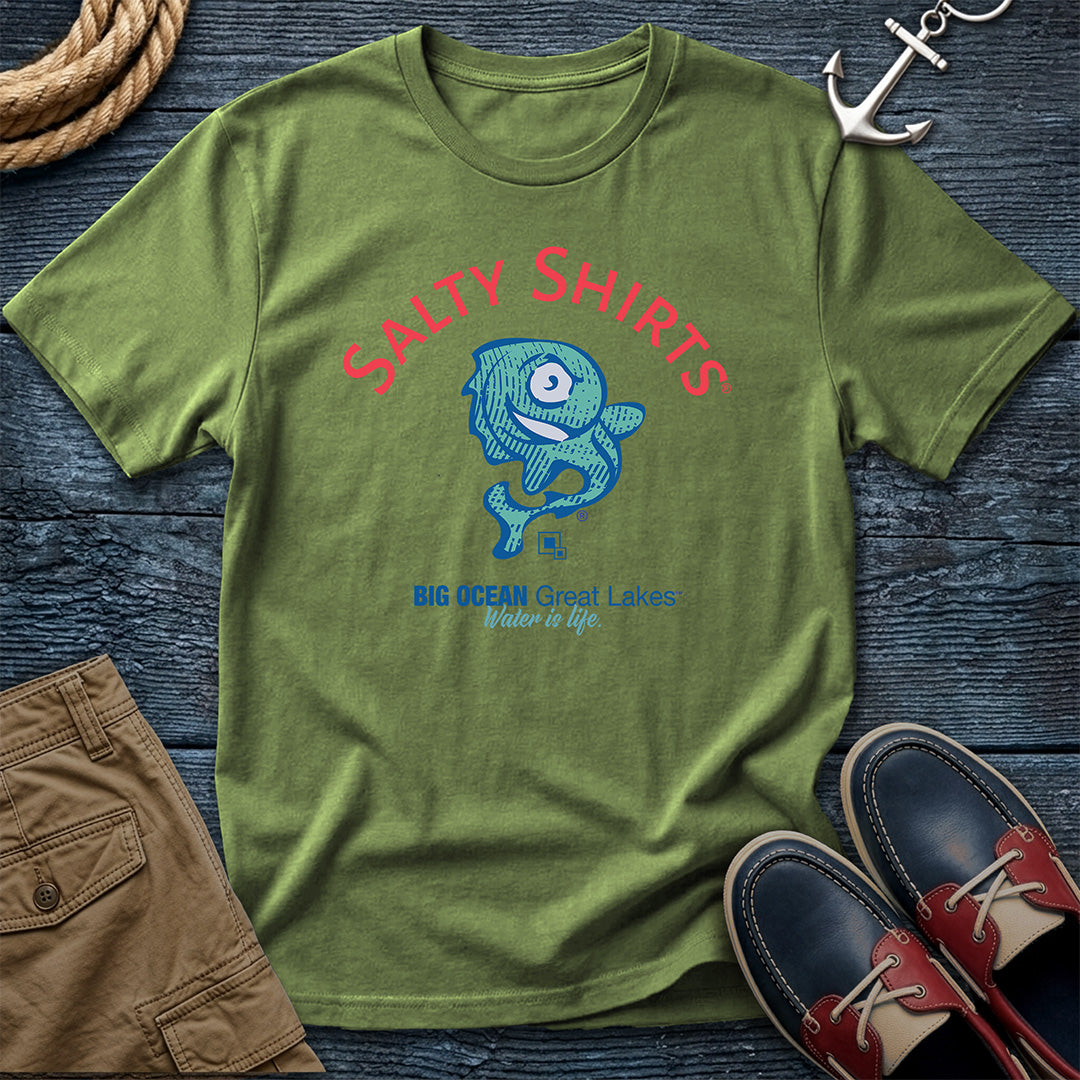 Salty Shirts Original Logo Tee in Sage, Comfort Colors 1717, featuring a teal anchovy beneath red Salty Shirts lettering and above Big Ocean Great Lakes and Water is life text.