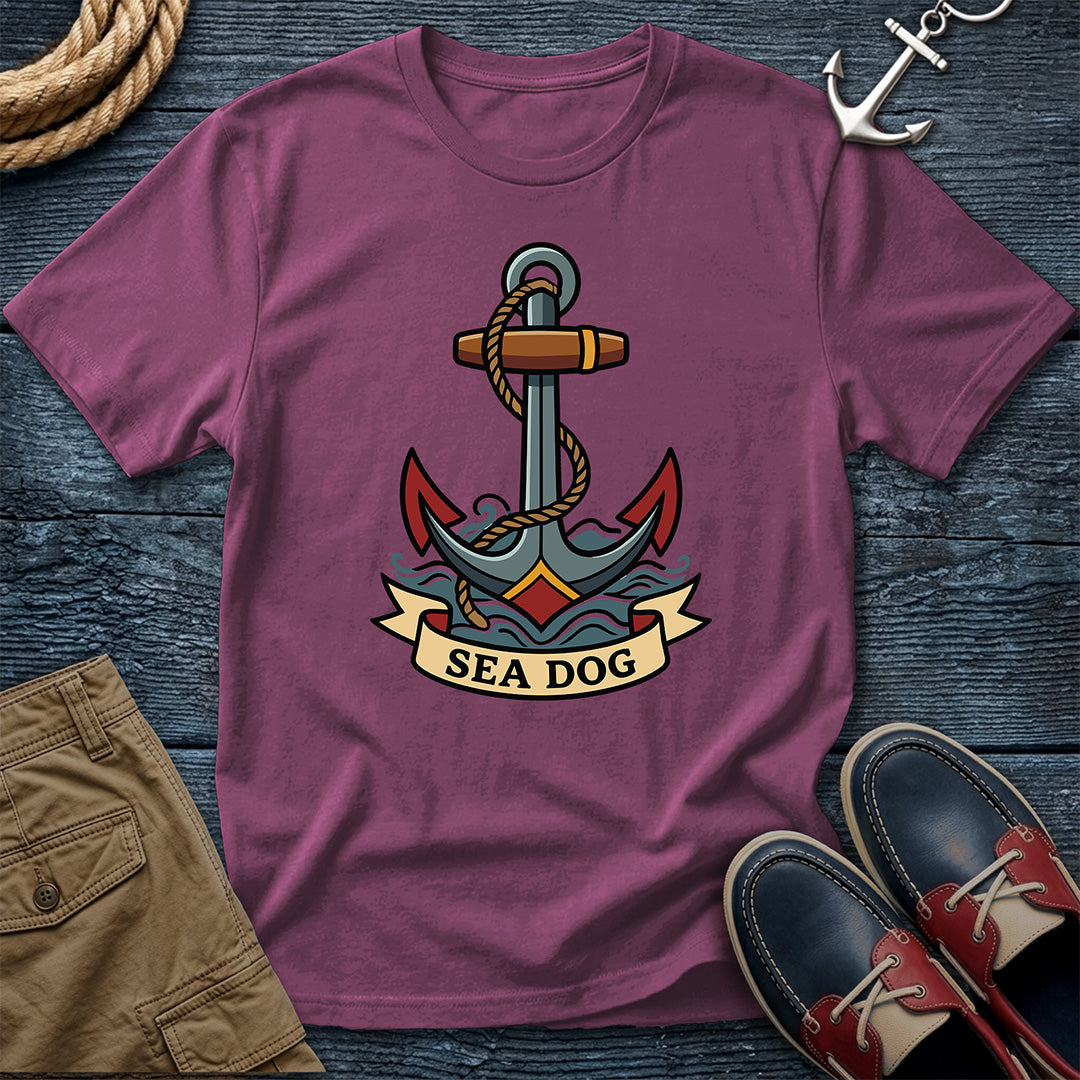 Sea Dog anchor tee in berry — vintage nautical tattoo graphic shirt, great gift for sailors and coastal lifestyle fans