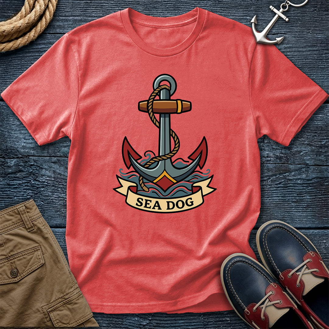 Sea Dog anchor t-shirt in bright salmon — bold sailor tattoo graphic tee for beach days, boat trips, and Great Lakes adventures