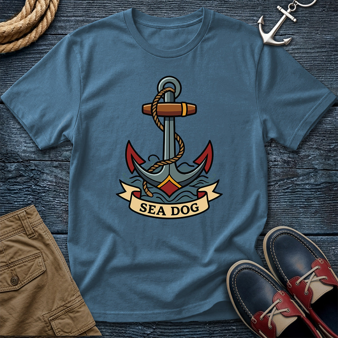 Sea Dog anchor t-shirt in denim blue — vintage sailor tattoo graphic tee, perfect for dock nights and Great Lakes boating