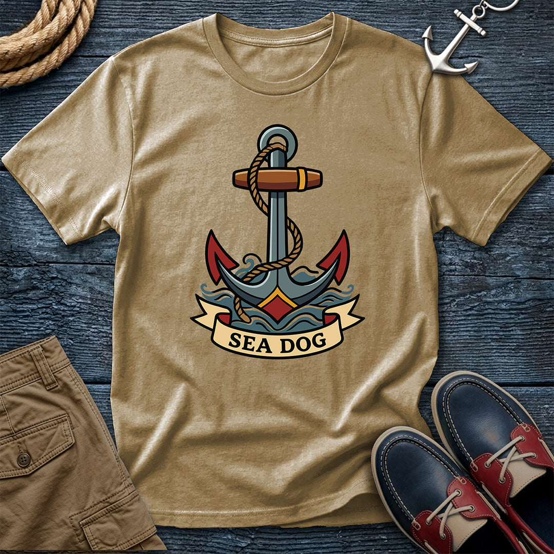 Sea Dog anchor tee in khaki — classic nautical tattoo graphic shirt for outdoor adventures and coastal casual wardrobe