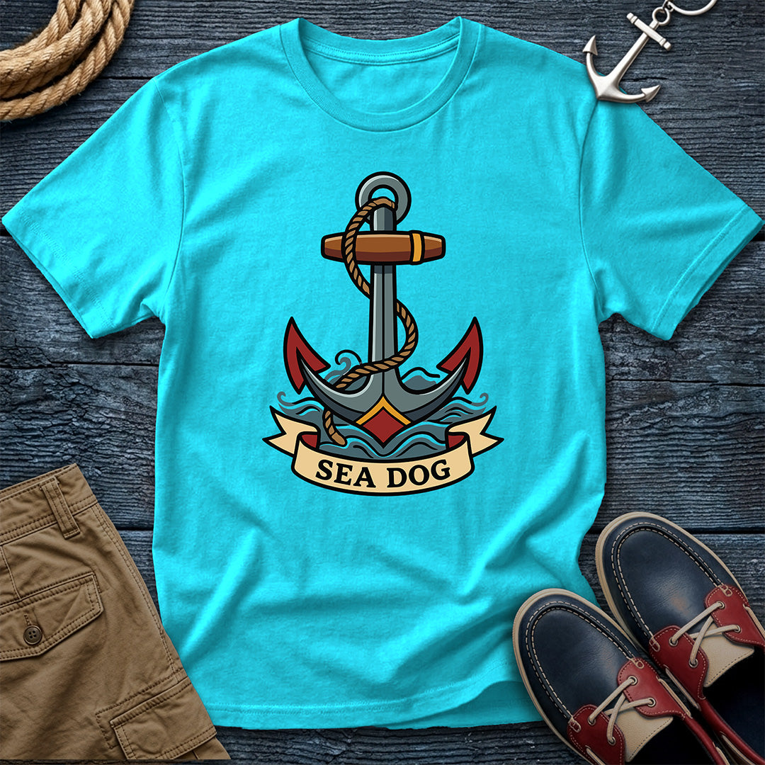 Sea Dog anchor t-shirt in lagoon blue — traditional sailor tattoo graphic tee for boaters, dock days, and ocean lovers