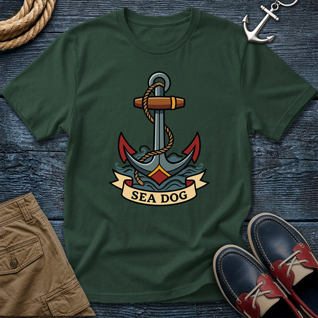 Sea Dog anchor t-shirt in moss green — traditional sailor tattoo graphic tee for ocean lovers and maritime enthusiasts