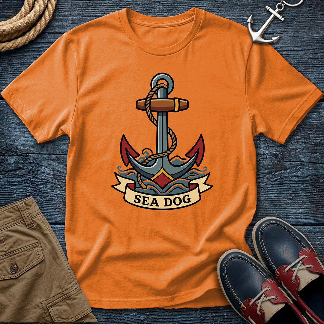 Sea Dog anchor tee in burnt orange — traditional nautical tattoo graphic shirt for fishermen, sailors, and coastal casual style.