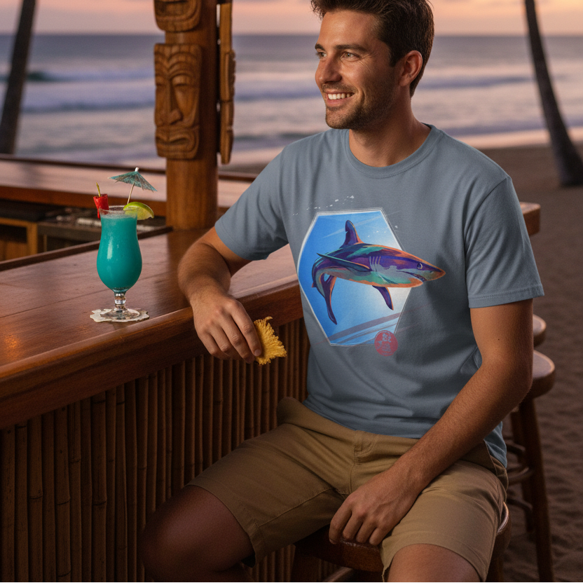 A man sitting at a beach bar wearing a light blue t-shirt with a graphic of a shark inside a blue geometric frame. The background shows the ocean at sunset, a wooden tiki bar, and a turquoise cocktail on the counter.